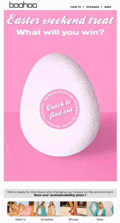 An email with a GIF of a cracking Easter egg that reveals a promo code