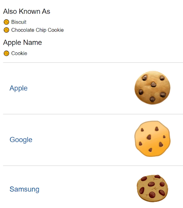 An infographic showing the rendering of a cookie emoji on Apple, Google, and Samsung devices