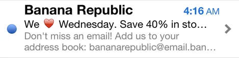 A Banana Republic subject line “We “heart emoji” Wednesday. Save 40%”
