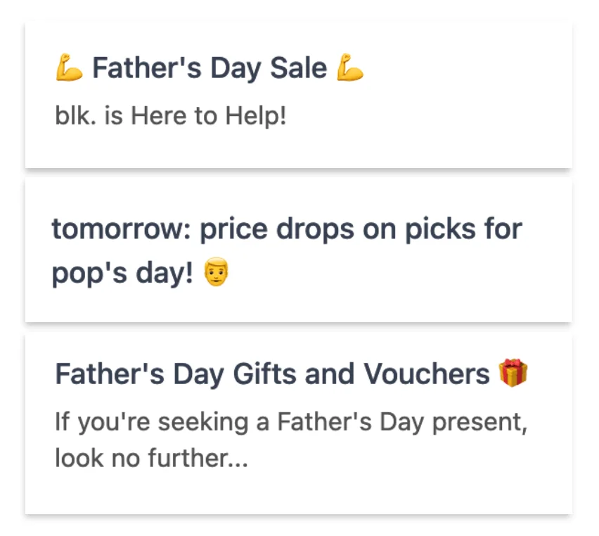 Three Father’s Day subject lines with a flexed biceps, man, and gift emojis