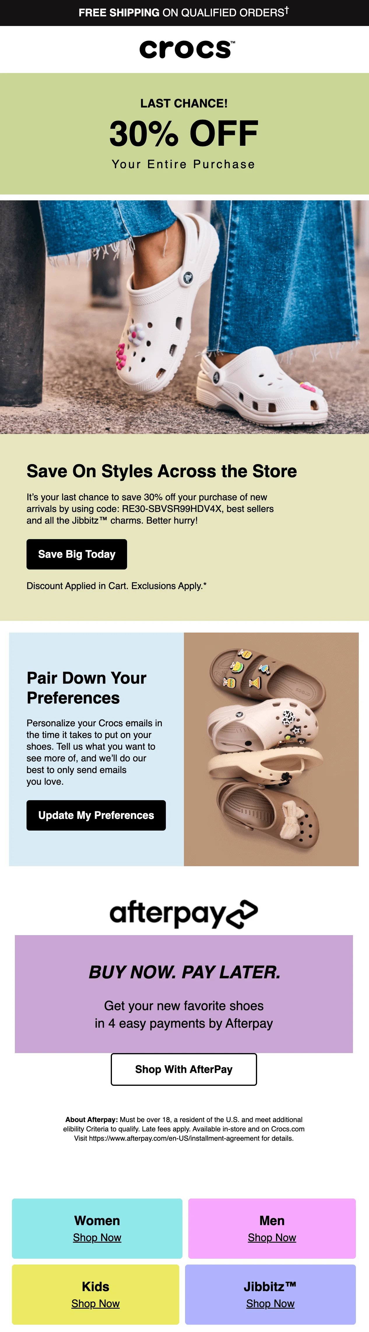 Crocs win-back email with “Last chance! 30% off your entire purchase” headline, product images, and CTA buttons to shop and update preferences.