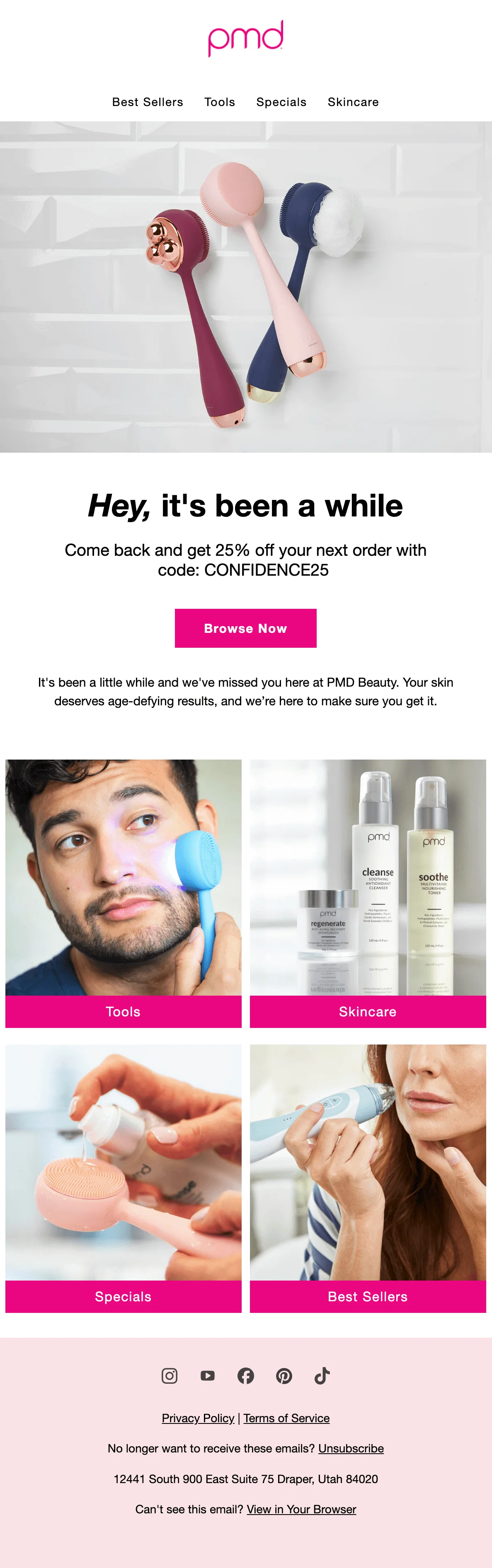 PMD Beauty win-back email with headline “Hey, it’s been a while,” offering 25% off with promo code, product images, and CTA button “Browse Now.”
