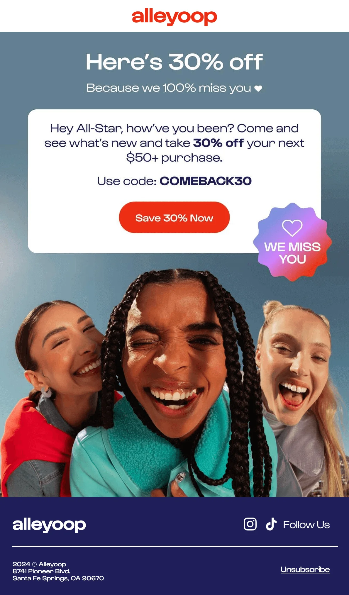 Alleyoop win-back email with headline “Here’s 30% off,” discount code COMEBACK30, smiling group photo, and CTA button “Save 30% Now.”