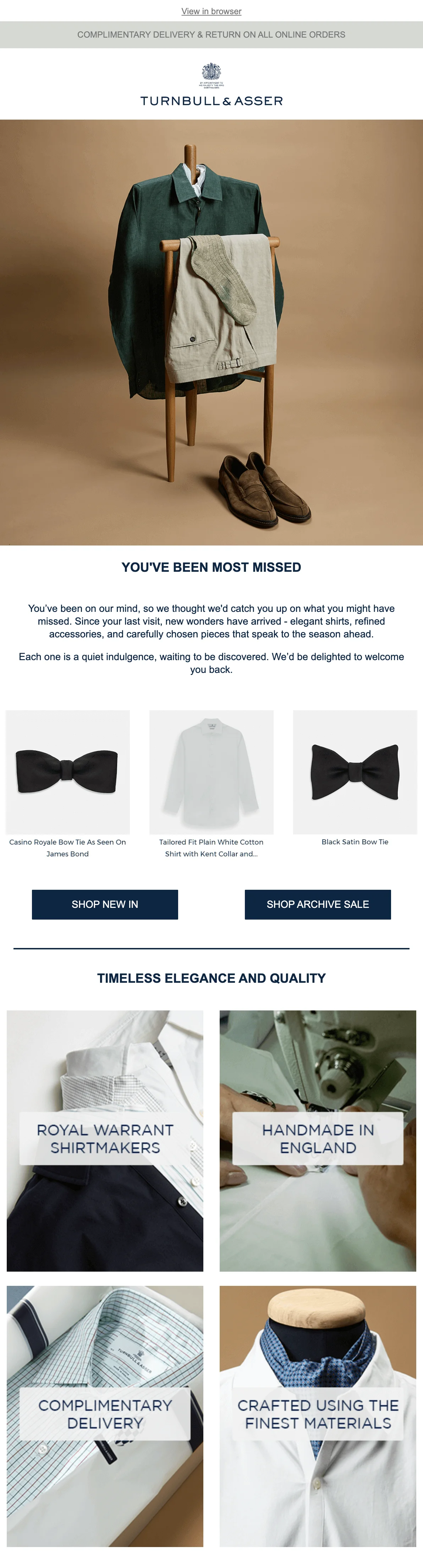 Turnbull & Asser win-back email with headline “You’ve been most missed,” product showcase of shirts and bow ties, and CTAs to shop new or archive sale.