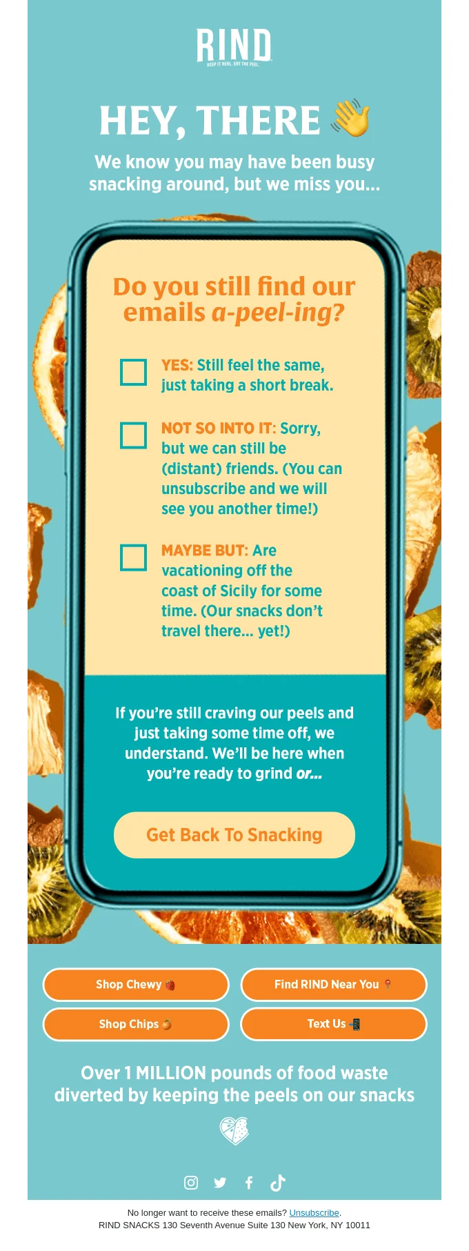 Olipop win-back email with headline “Let’s Get Sippin’,” offering 20% off one-time orders and 30% off first subscriptions, plus CTA buttons to shop or subscribe.