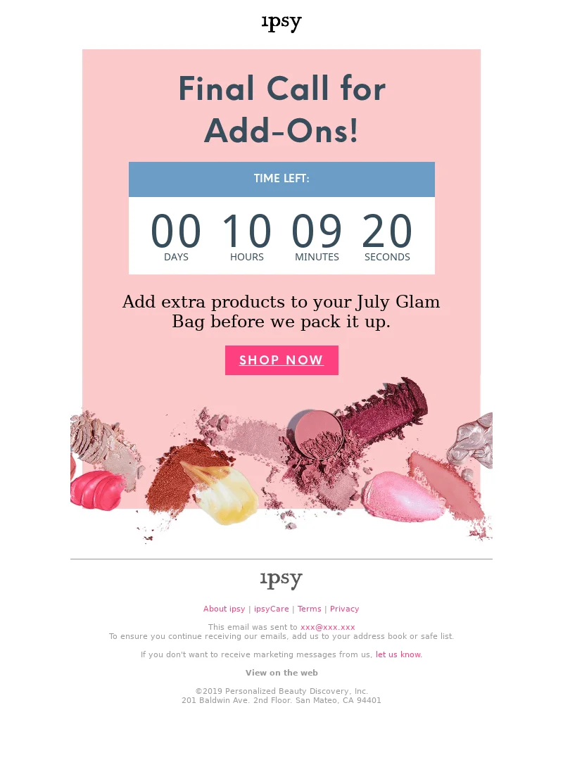 IPSY upsell email with a countdown GIF