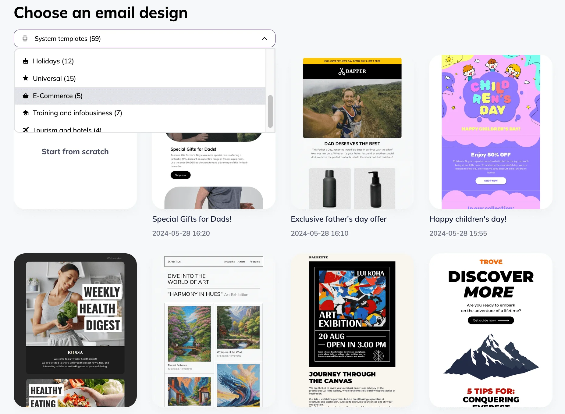 Selzy’s email template gallery with categories including Holidays, E-commerce, Tourism and hotels, and more