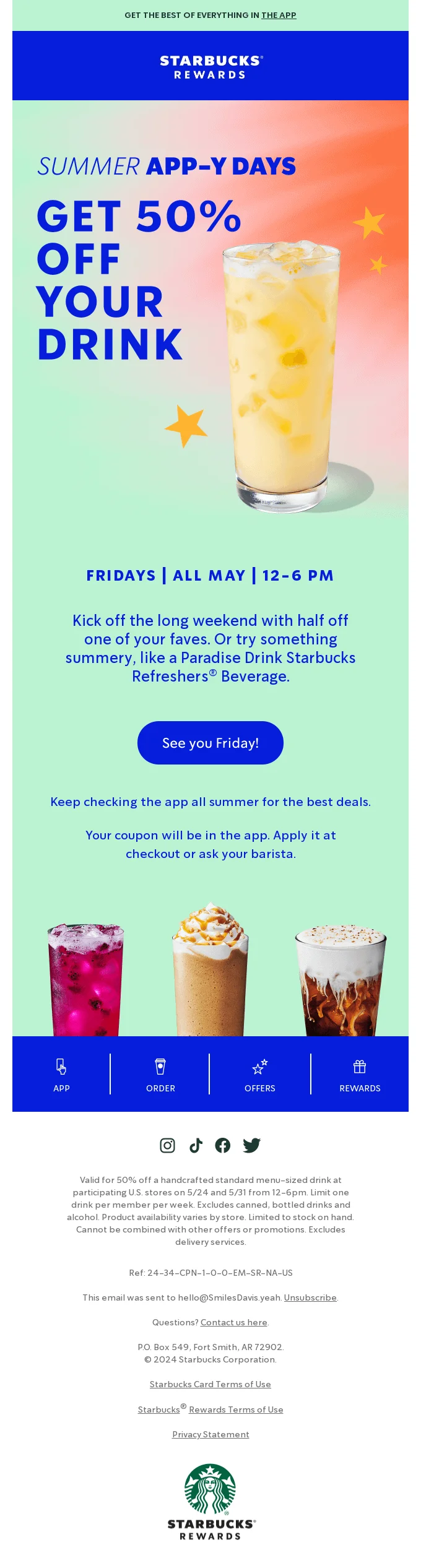 A Starbucks email with a mint background and font and accents in deep blue