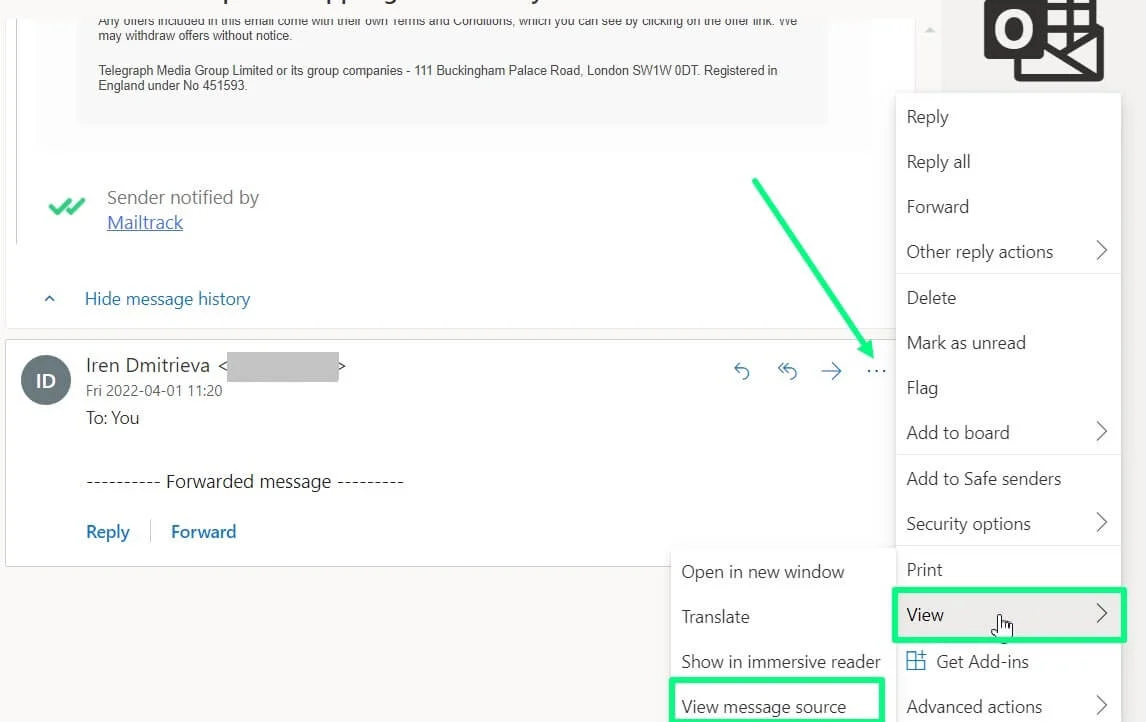 Outlook message source