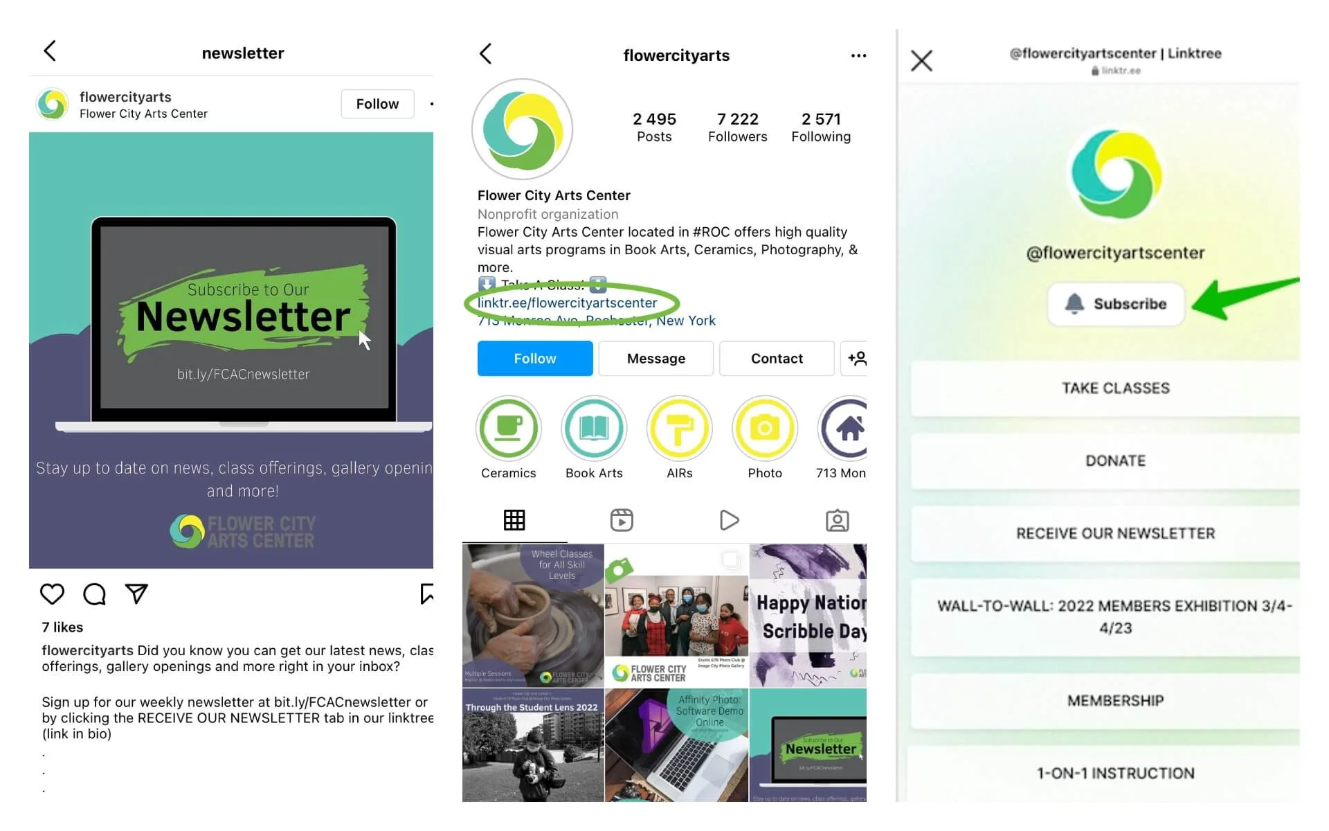 A screenshot of Flower City Arts’ Instagram bio with a Linktree link and a screenshot of its post with newsletter promotion