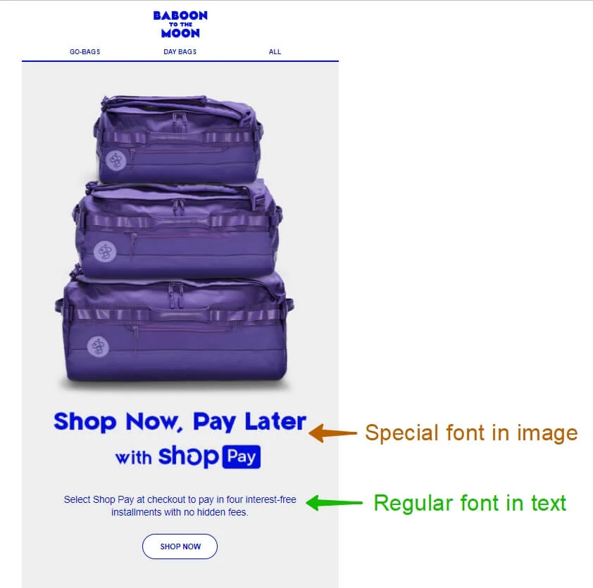 An email with two fonts stacked one on top of the other