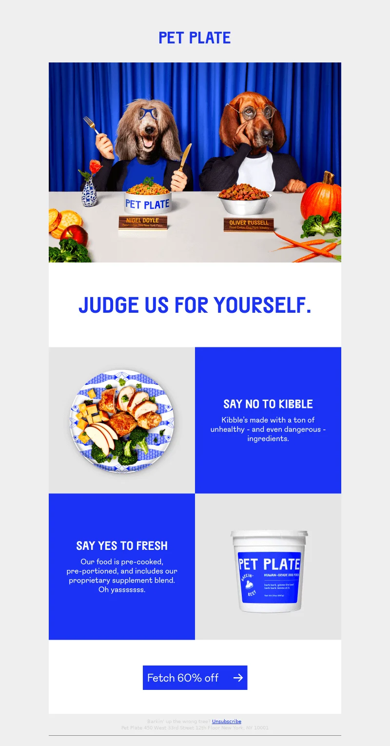 An email that uses a strong contrast of gray and blue