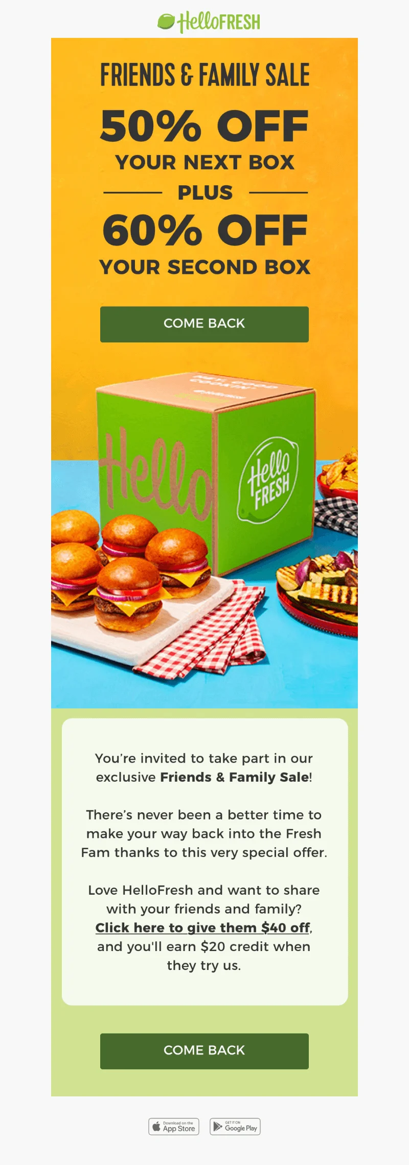 An email with a dark green CTA button against a mustard yellow background