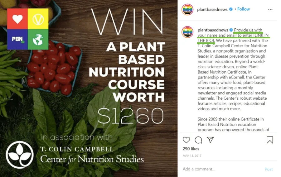 A screenshot of the Instagram post promoting a contest to win a plant-based nutrition course with the caption encouraging followers to provide their names and emails.
