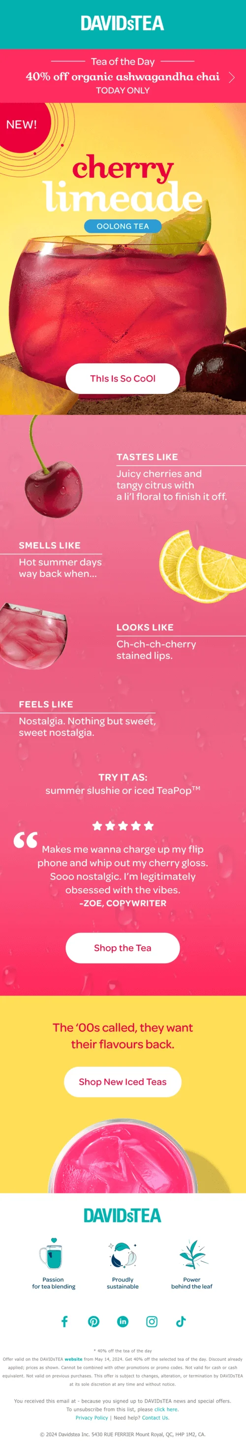 A DAVIDsTEA email with a photo of a Cherry Limeade Tea at the top and images of lemon and cherry in the body of the email