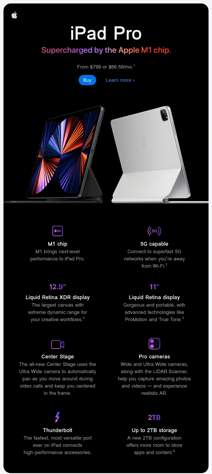 Apple’s email with a CTA button “Buy” before the banner photo and another one, with a simple link to “Learn more” next to it