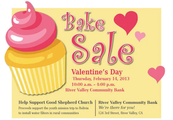 Curlz font used in the heading of an ad promoting a bake sale on Valentine’s Day