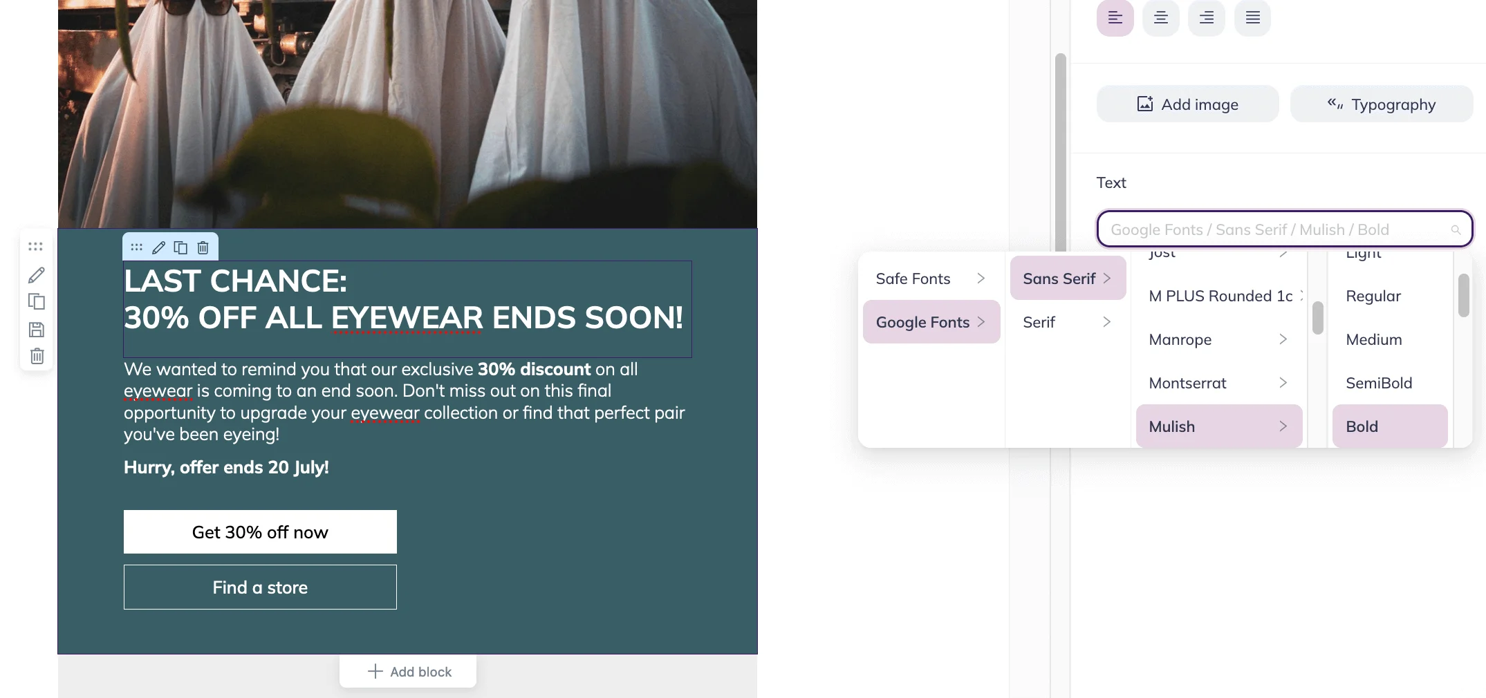 A click on text reveals the font settings panel on the right with options to choose from Safe fonts and Google fonts
