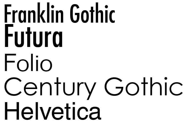 Sans serif fonts examples including Franklin Gothic, Futura, Folio, Century Gothic, and Helvetica