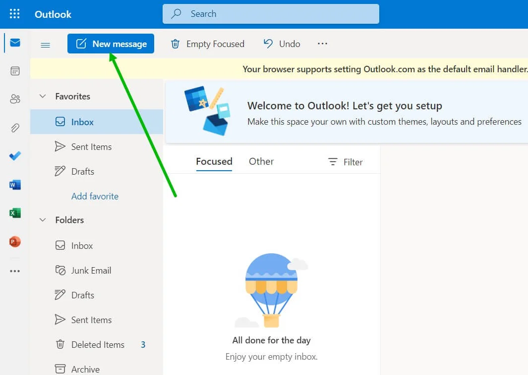 The “New message” button location in Outlook