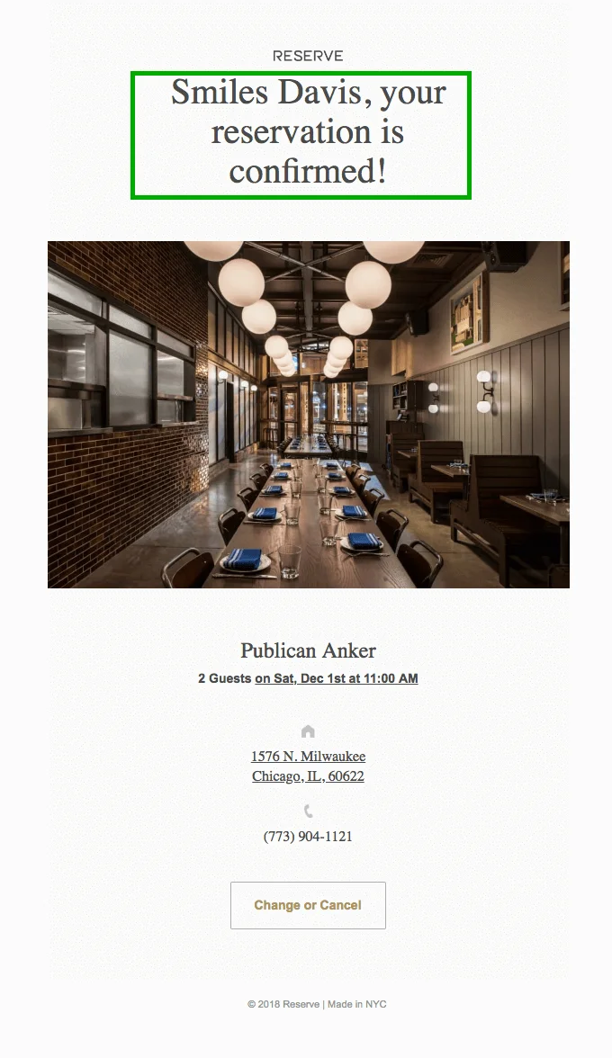 An example of Times New Roman font in email — the heading that reads “Smiles Davis, your reservation is confirmed”
