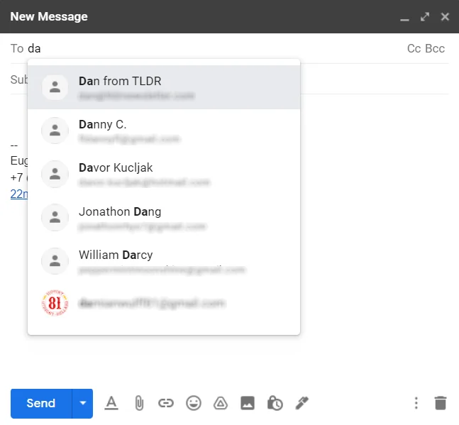 Gmail auto-suggests email addresses