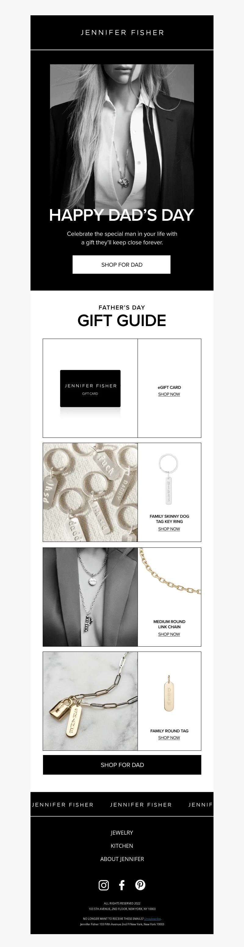 Father’s Day email from Jennifer Fisher with a CTA “Shop for dad”