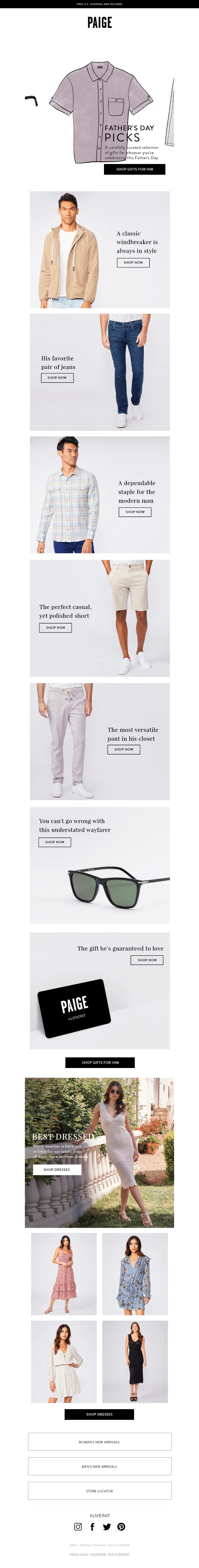 Father’s Day email from Paige with product suggestions for Father’s Day