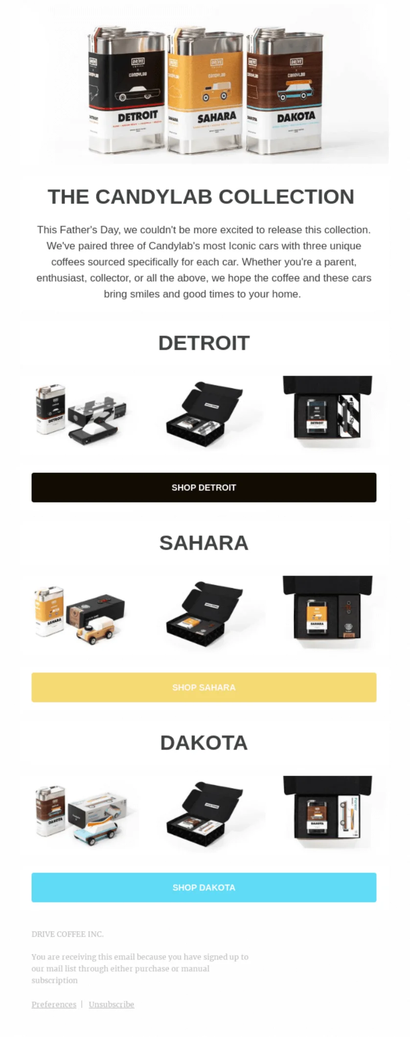Father's Day email from Candylab with several featured collections