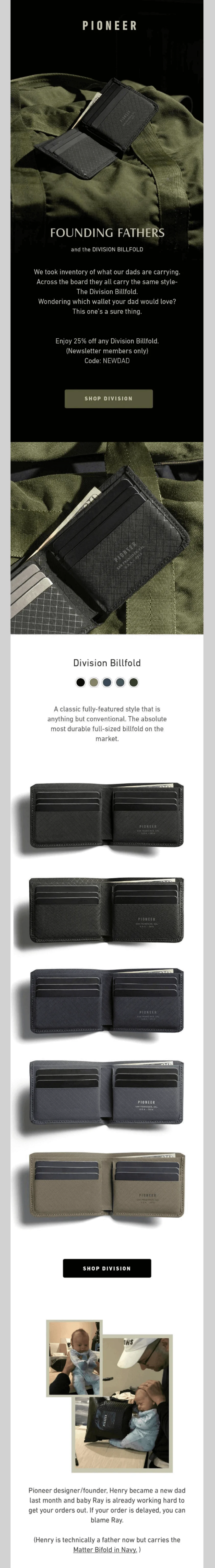 Father’s Day email from Pioneer focusing on billfolds