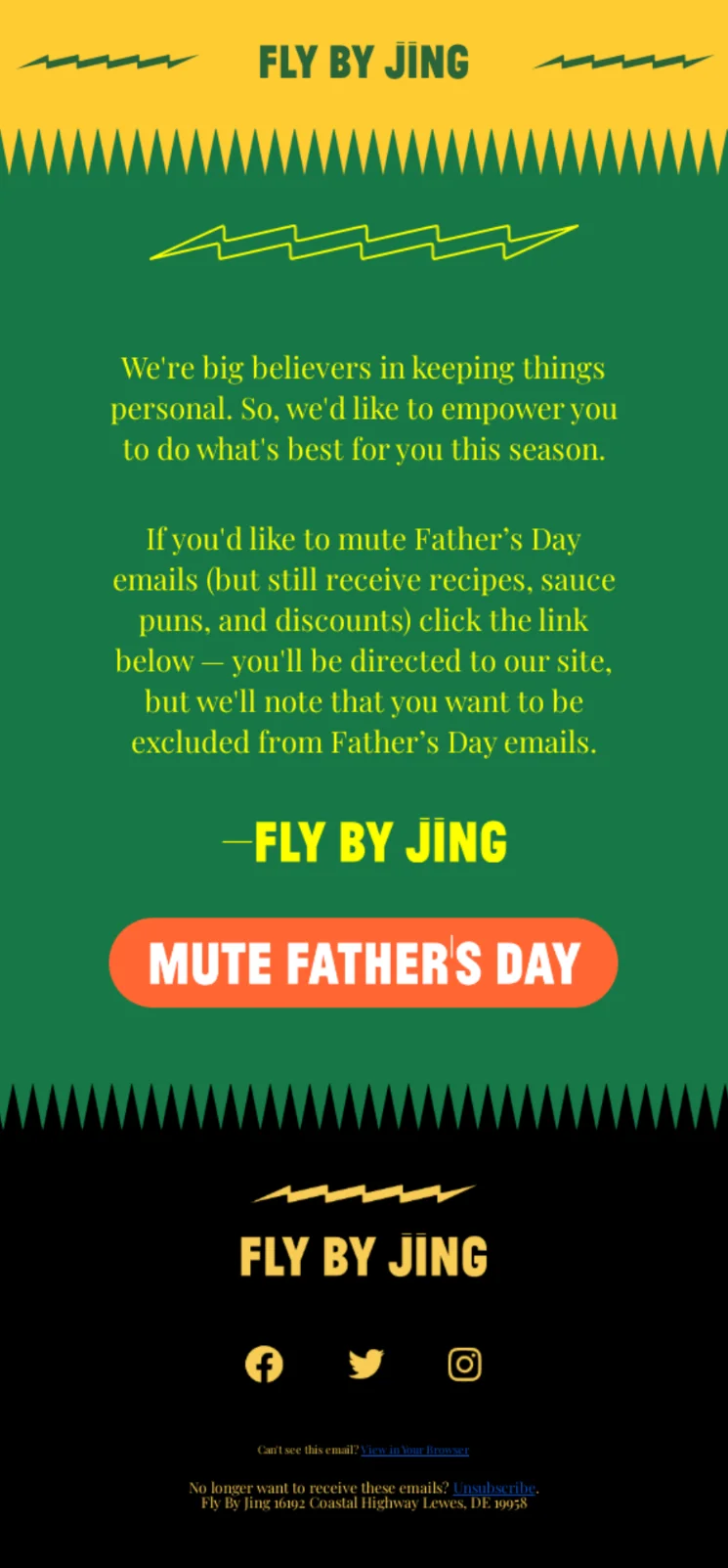 Father’s Day opt-out email from Fly by Jing with a CTA “Mute Father’s Day” and an explanation behind the opt-out process