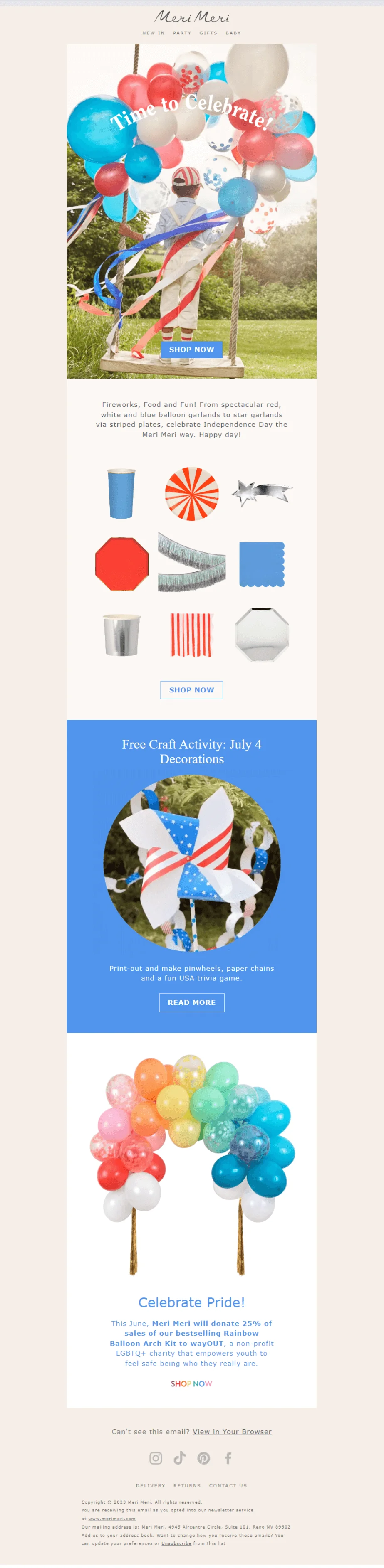 Independence Day email from Meri Meri with the tagline “Time to celebrate!”