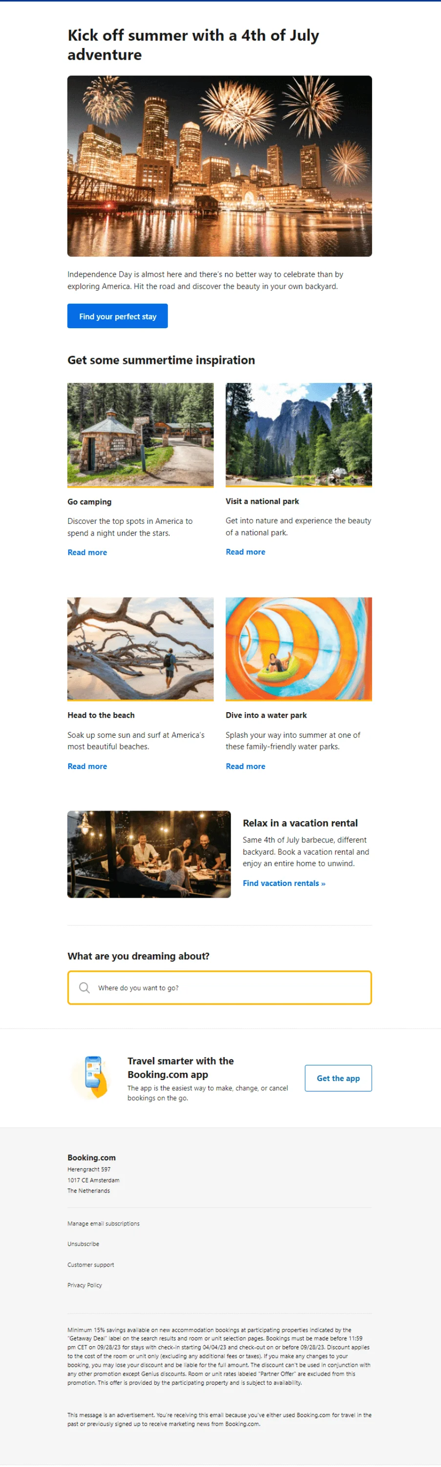 Independence Day email from Booking.com with 5 ideas for a summer vacation