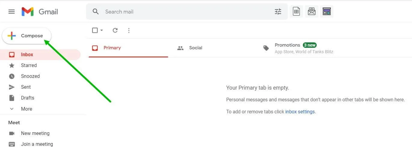 The “Compose” button’s location in Gmail