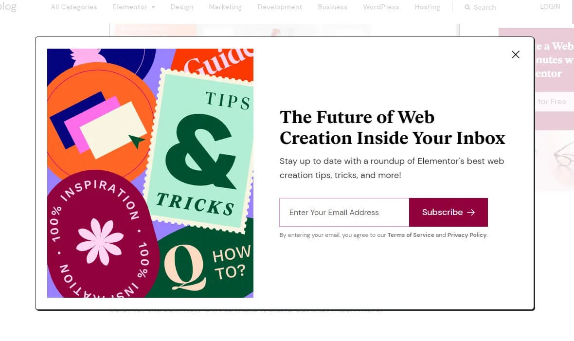 Subscription popup on the elementor blog