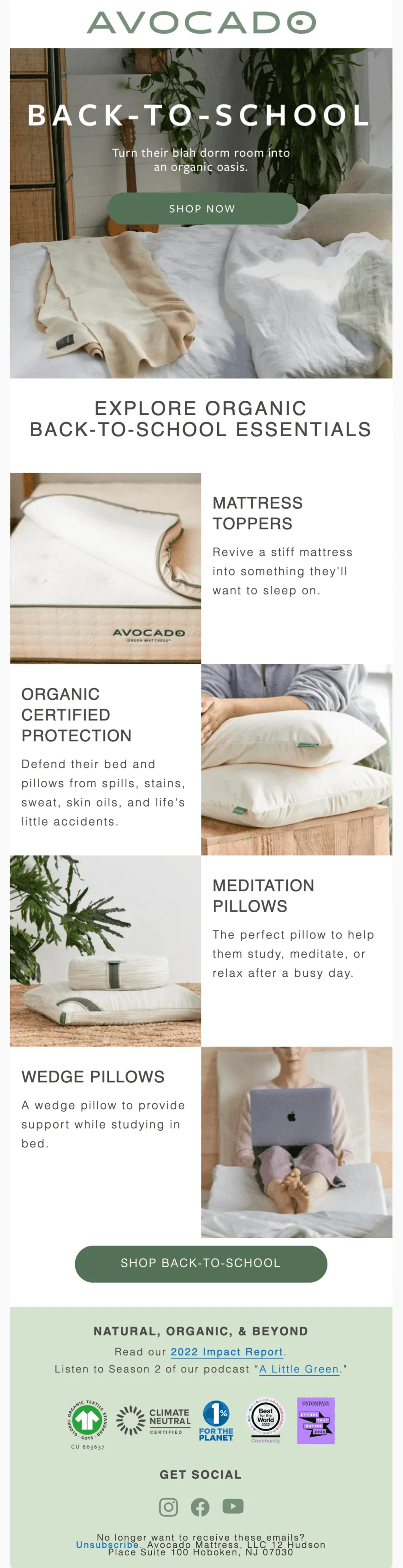 Back-to-school email promoting mattress toppers and pillows to make the dorm rooms cozier
