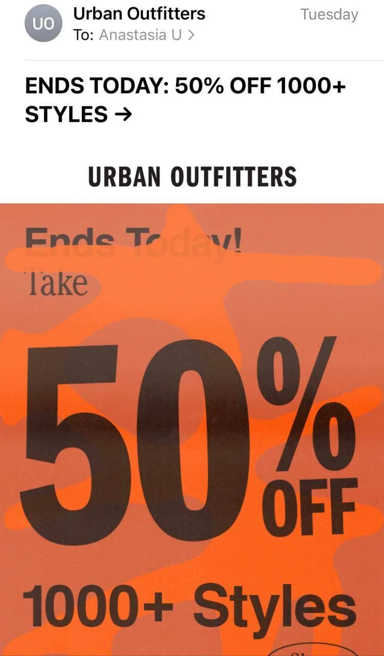 Email from Urban Outfitters