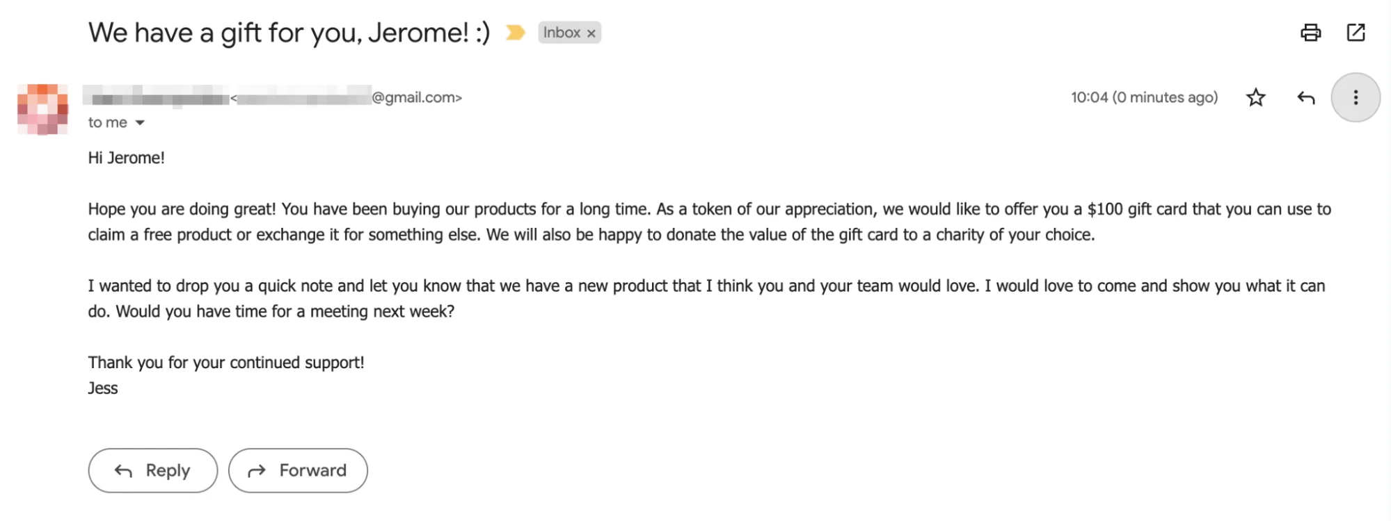 An ABM email with a gift