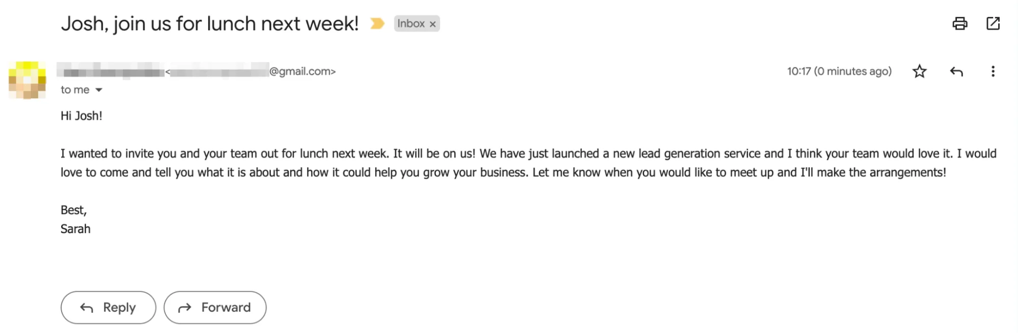 An ABM email in which you invite your target account and their team out for lunch.