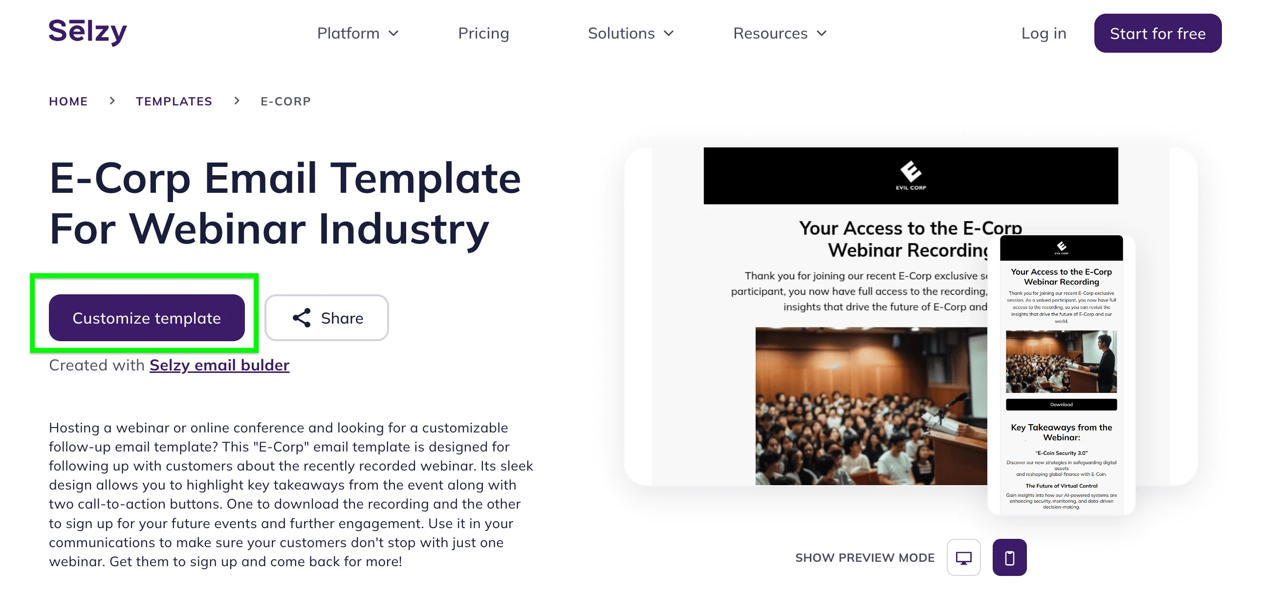 Selzy’s page for webinar template with “Customize template” button highlighted.