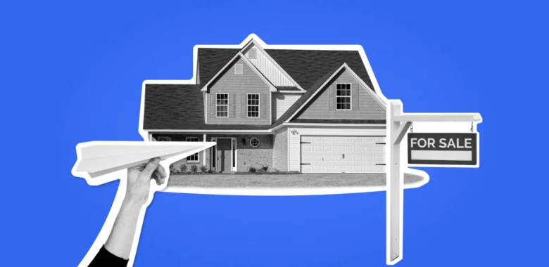 A cover for the article about real estate subject lines with a house on a blue font and a hand holding a paper plane.