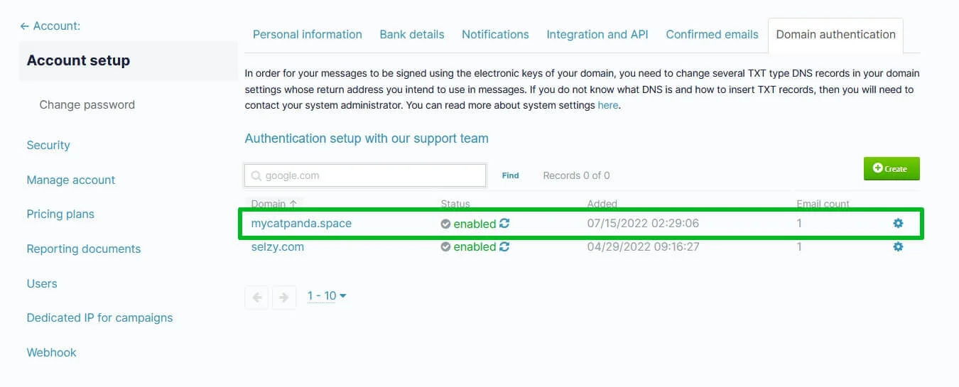 The domain status in Selzy with a set-up authentication