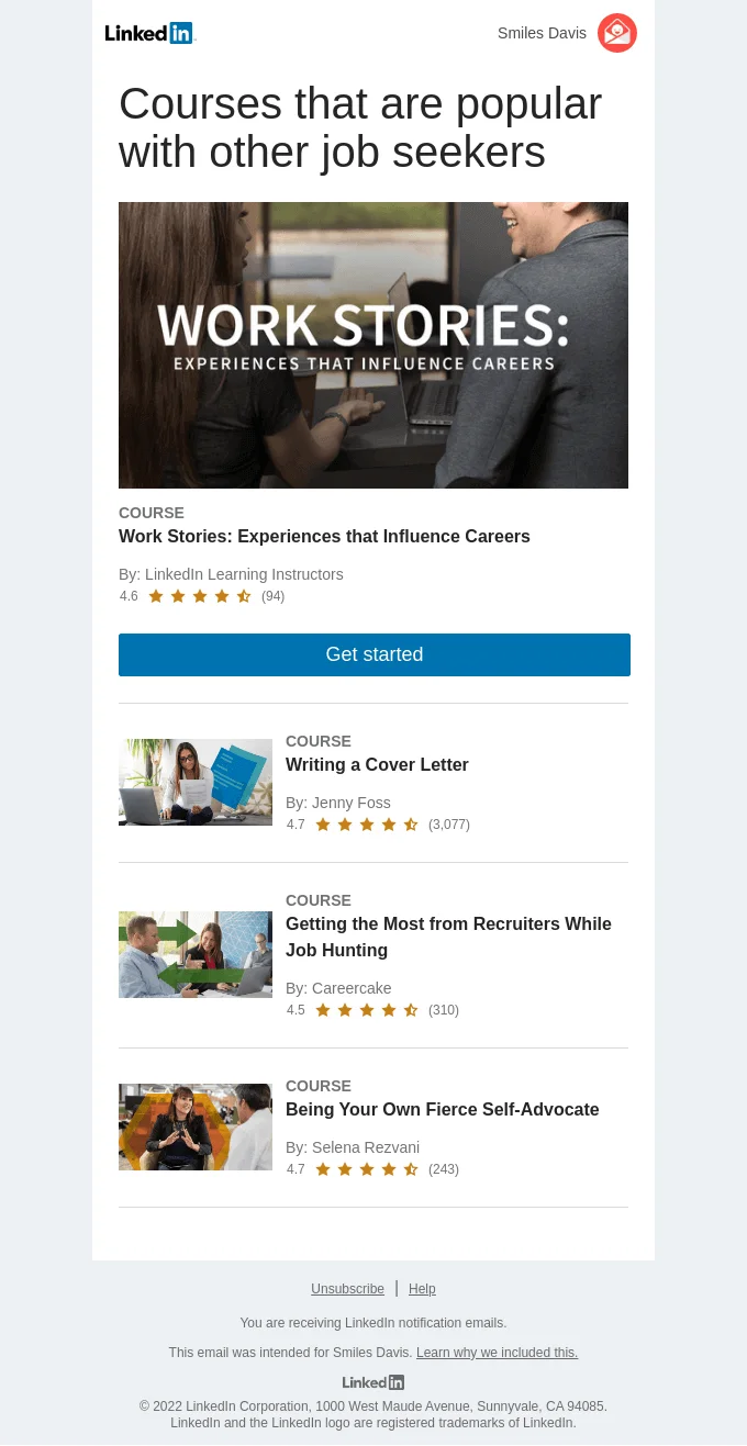 Example of an email from LinkedIn