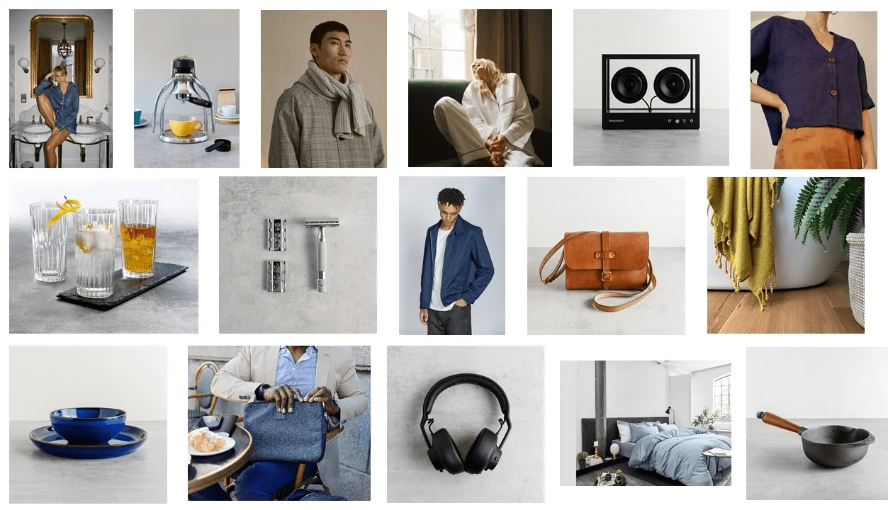 Collage featuring items from the 2021 Black Friday campaign by Buy Me Once. The photos show clothing items, kitchenware, home textiles, a steel razor, and headphones