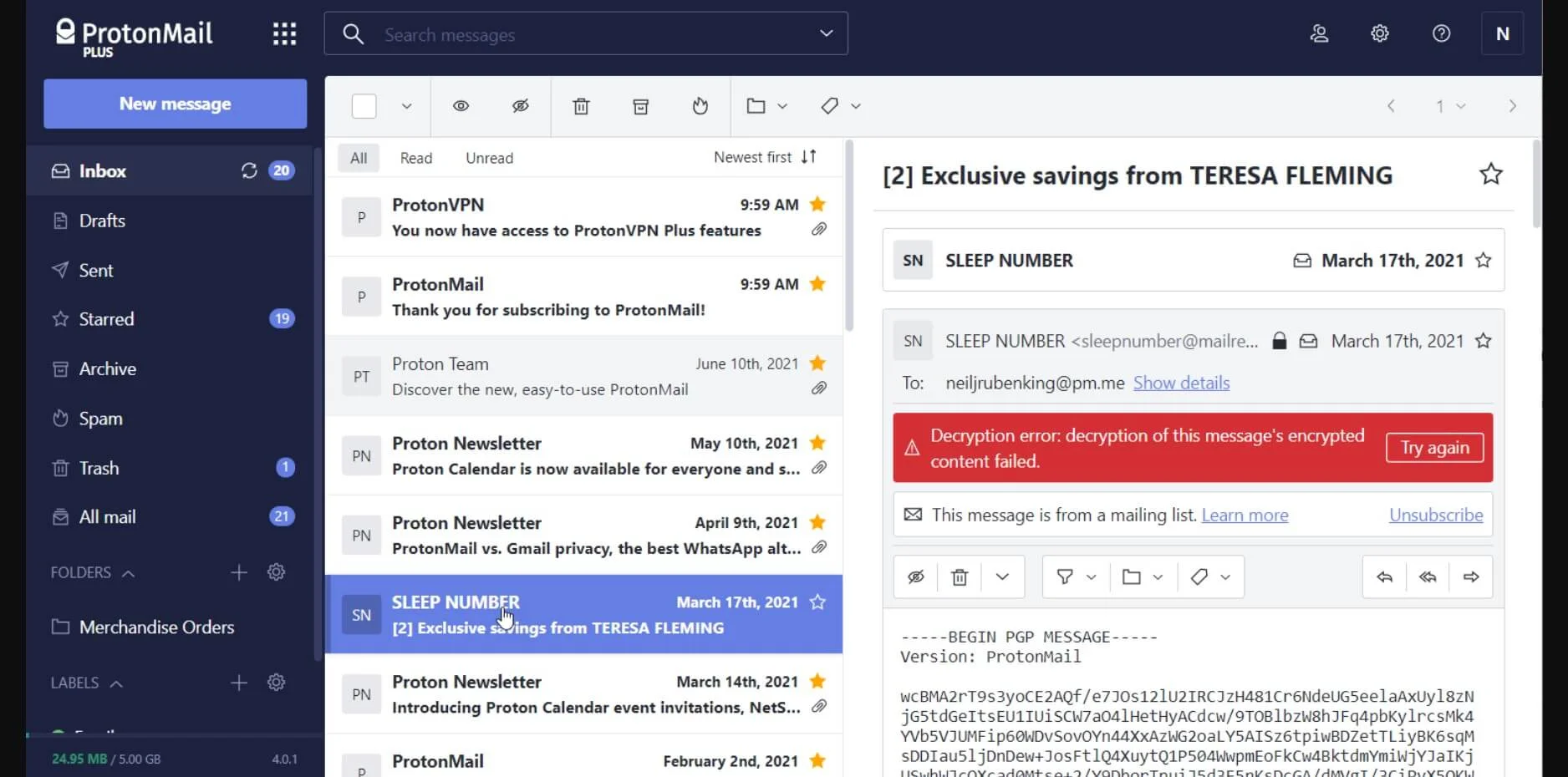 ProtonMail client interface