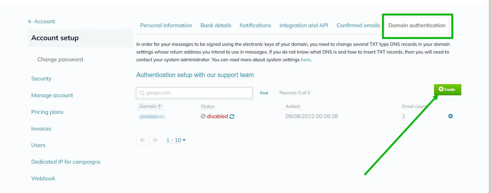 Domain authentication tab in Selzy