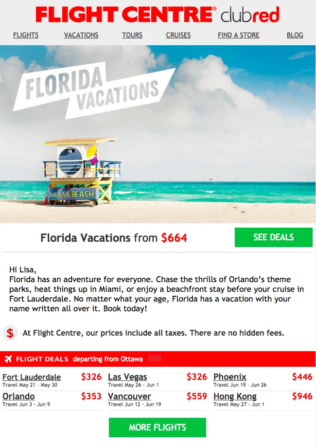 Example of a personalized email from Flight Centre