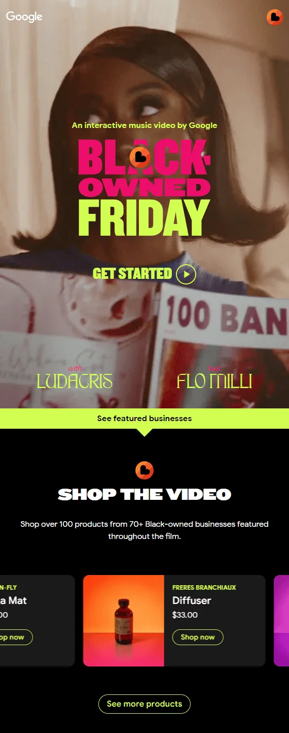 Sections of the #BlackOwnedFriday 2022 website inviting visitors to watch an interactive music video and shop over 100 products from 70+ Black-owned businesses featured throughout the video
