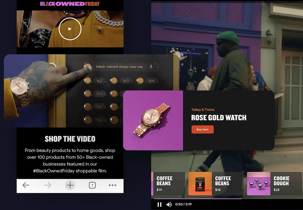 Highlights from the #BlackOwnedFriday 2021 interactive music video and website, displaying featured products as clickable pop-ups and thumbnails.