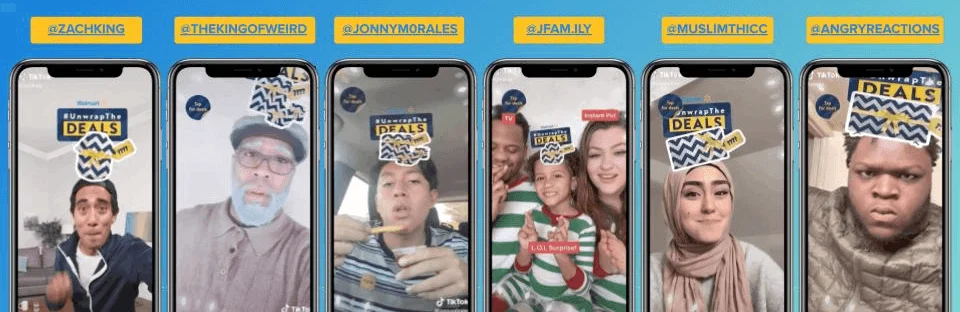 Walmart lists the creators who helped them to kick off the TikTok campaign: @zachking, @thekingofweird, @jonnymorales, @jfamily, @muslimthicc, and @angryreactions